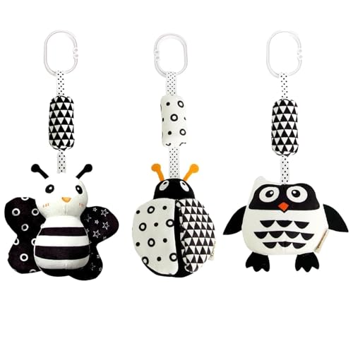 Set of 3 Mystiqut hanging sensory gym toys including ladybug, bee, and owl in high contrast black and white for ages 15+.