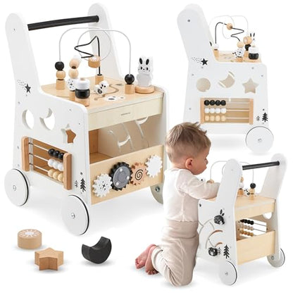 Mamabrum wooden baby walker with wheels, featuring shape sorter, bead mazes, gears, abacus, stacking blocks for 12+ months.