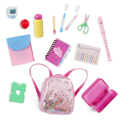 Our Generation 16-piece backpack and school supplies set for 18-inch dolls, featuring various colorful accessories.