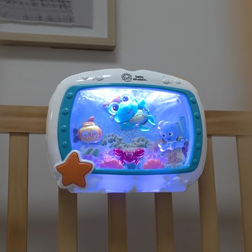 Baby Einstein Sea Dreams Soother crib toy with calming lights, melodies, and remote control for newborn sleep aid.