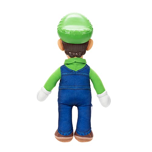 Nintendo Super Mario Bros. Luigi plush toy, fully articulated 14-inch poseable figure with realistic eyes and detailed 3D outfit.