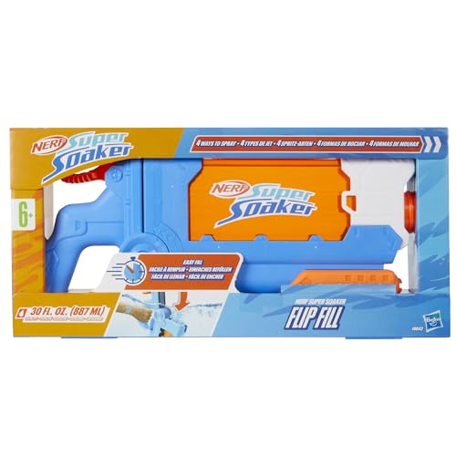 Nerf Super Soaker Flip Fill water blaster in multicolor with 887ml capacity, ideal for garden water fun and outdoor water toys