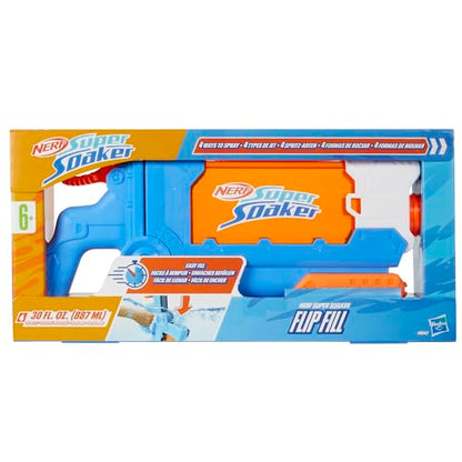 Nerf Super Soaker Flip Fill water blaster in multicolor with 887ml capacity, ideal for garden water fun and outdoor water toys