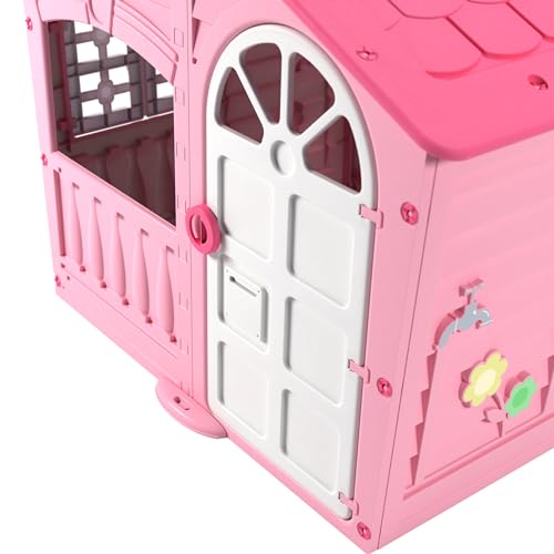 Pink and white Palplay plastic playhouse for kids, UV resistant indoor and outdoor playhouse for ages 2+ with imaginative fun.