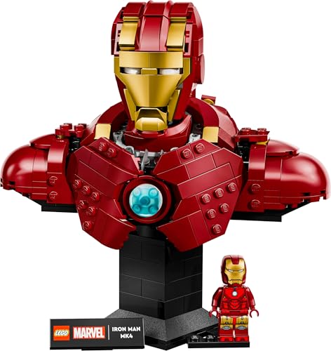 LEGO Marvel Iron Man MK4 Bust display model with Tony Stark minifigure, shoulder cannons, and rotating head.