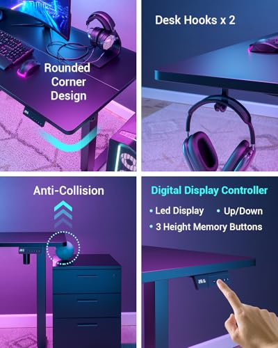 FEZIBO Electric Standing Desk For Gaming 100 * 60 cm Heigh Adjustable Stand up Table with digital display controller, Sit Stand Home Office Desk with Splice Board, Dark Black Frame/Dark Black Top