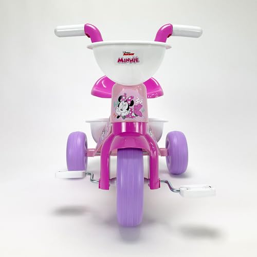Pink Disney Minnie Mouse kids tricycle with front and back storage baskets, designed for toddlers aged 1-3, Kubbinga brand.