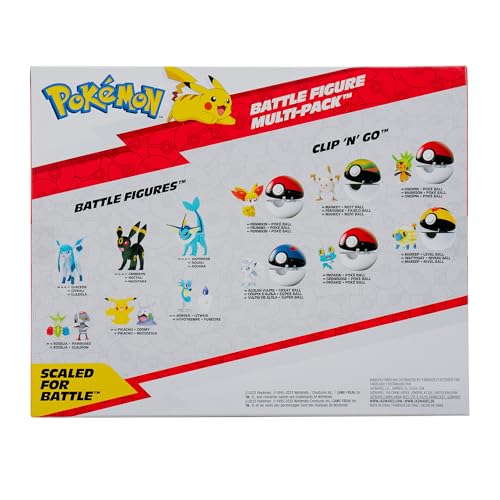 Eight Pokémon battle figures including Pikachu, with six 2-inch and two 3-inch figures in dynamic poses.