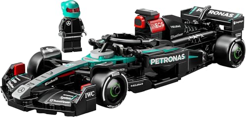 LEGO Speed Champions Mercedes-AMG F1 W15 race car toy with collectible minifigure, ideal for motorsport fans aged 10 and up.