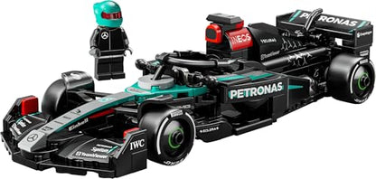 LEGO Speed Champions Mercedes-AMG F1 W15 race car toy with collectible minifigure, ideal for motorsport fans aged 10 and up.