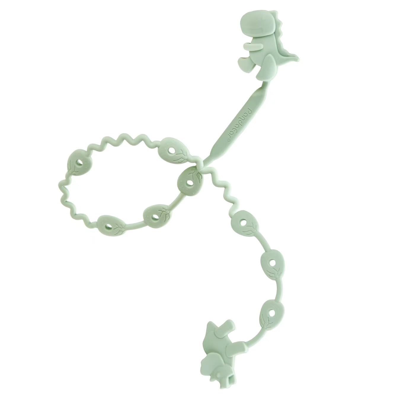 PandaEar silicone baby toy straps featuring dinosaur design, adjustable pacifier holder clips for bottles, strollers, and cribs.