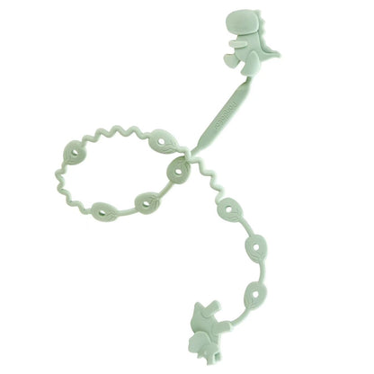PandaEar silicone baby toy straps featuring dinosaur design, adjustable pacifier holder clips for bottles, strollers, and cribs.
