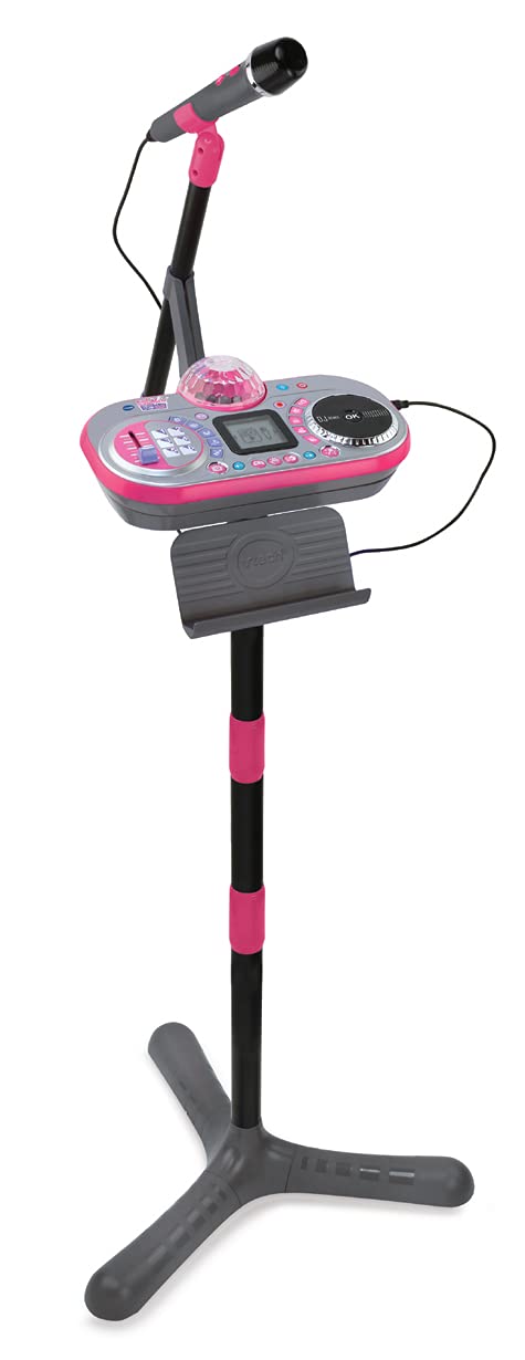 VTech Kidi Super Star DJ kids microphone toy with sound effects, adjustable stand, color-changing disco light, and musical games.