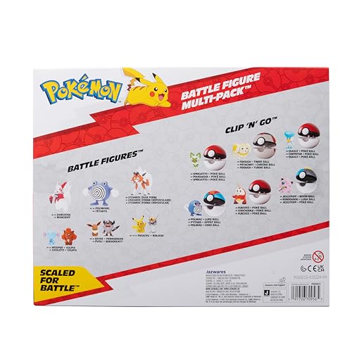Jazwares Pokémon Battle Figure 8 Pack featuring six 2-inch and two 3-inch figures, including Pikachu, in vibrant colors.