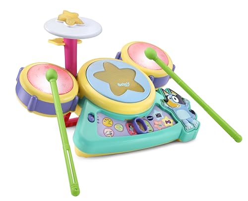 VTech Bluey Hurrah Drum Set with colorful drums and drumsticks, suitable for children's musical play and learning activities.