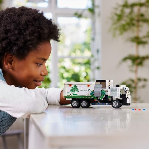 LEGO Technic Mack LR Electric Garbage Truck toy with realistic features and a recycling bin for kids aged 8 and up.