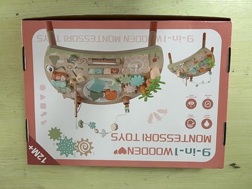 Hewaurorion 9-in-1 wooden activity table for toddlers, with shape sorter, bead maze, and fishing game for sensory learning.