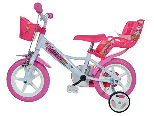 Dino Bikes 124RL-UN unicorn 12-inch bicycle with white and pink frame, training wheels, and colorful unicorn graphics.