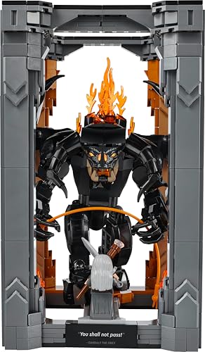 LEGO Icons Balrog Book Nook featuring Gandalf the Grey minifigure and dragon figure, ideal for bookshelf decor.