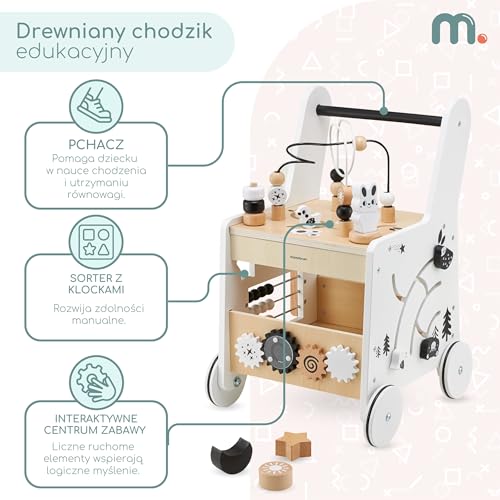Mamabrum wooden baby walker with wheels, featuring shape sorter, bead mazes, gears, abacus, and stacking blocks for 12+ months.