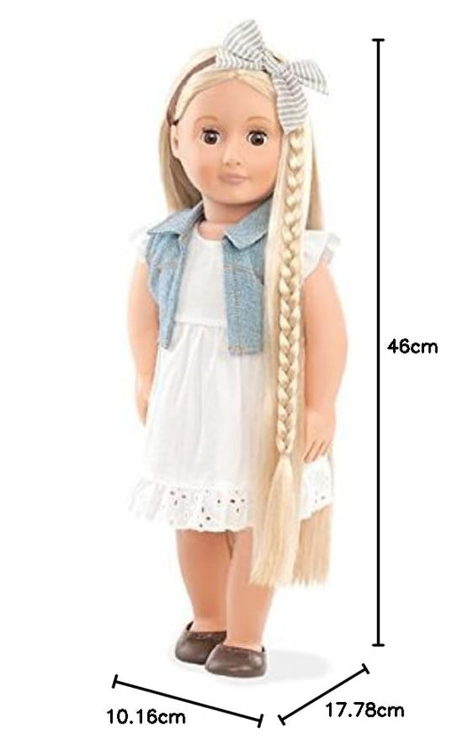 Our Generation Phoebe fashion doll, 46 cm, with complete outfit, hair extensions, and comb for imaginative playtime adventures.