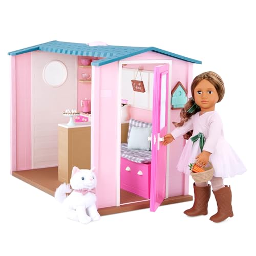 Our Generation dollhouse playset with furniture, play food, and animal sounds for 18-inch dolls in a country house setting.