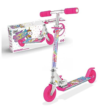 Ozbozz unicorn scooter in vibrant colors, featuring a sturdy frame and wide deck for fun rides.