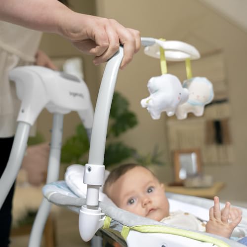 Ingenuity SimpleComfort baby swing in gray with multi-directional seat, displaying control panel and fabric covering for infants 0-9 months