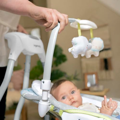 Ingenuity SimpleComfort baby swing in gray with multi-directional seat, displaying control panel and fabric covering for infants 0-9 months