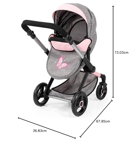 Bayer Design 17033AA Doll's pram Xeo, Stroller, Height-Adjustable, Reversible Handle, Convertible, Bag, Jeans-Grey, Pink