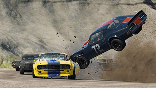 Wreckfest PS5 game by THQ Nordic showing a high-speed crash scene with damaged cars on a rugged racing track.