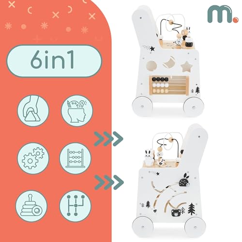 Mamabrum wooden baby walker with wheels featuring shape sorter, bead mazes, gears, abacus, stacking blocks, for children 12+ months