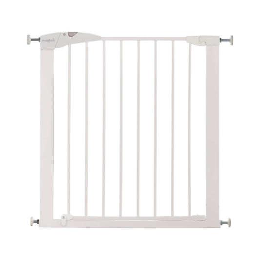 Munchkin Maxi Secure toddler and baby gate in white, pressure-fit child gate with extensions for doorways up to 117cm.