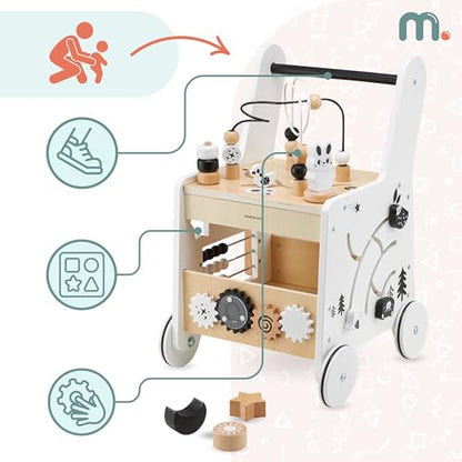 Mamabrum wooden baby walker with wheels, featuring shape sorter, bead mazes, gears, abacus, and stacking blocks for kids 12+ months.