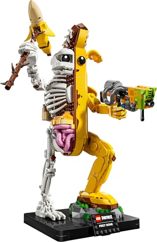 LEGO Fortnite Peely Bone collectible figure with paint launcher and Peely pickaxe, ideal for display and gaming enthusiasts.