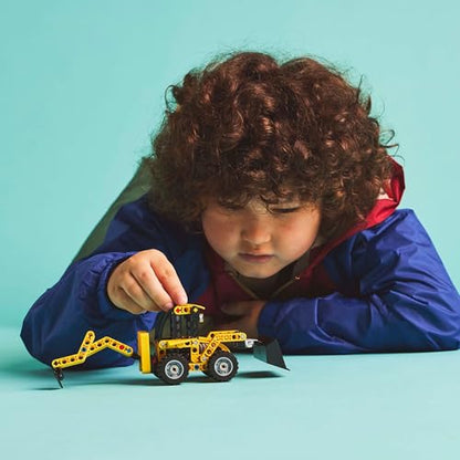 LEGO Technic Backhoe Loader toy with back digger, scoop, and outriggers for building fun, suitable for kids 7 and up.