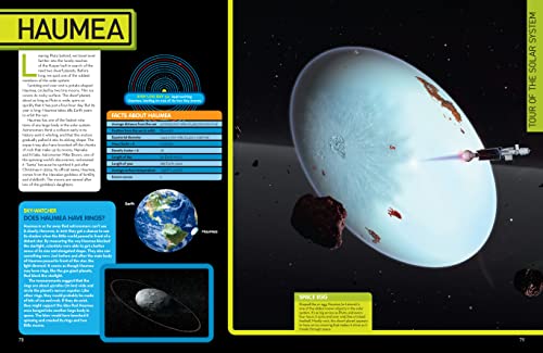 Open space encyclopedia page featuring colorful illustrations of planets, stars, and celestial objects from National Geographic Kids.