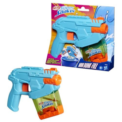 Nerf Super Soaker Mini Dunk-Fill water blaster for kids ages 6+, shown in bright colors ready for outdoor water fun.