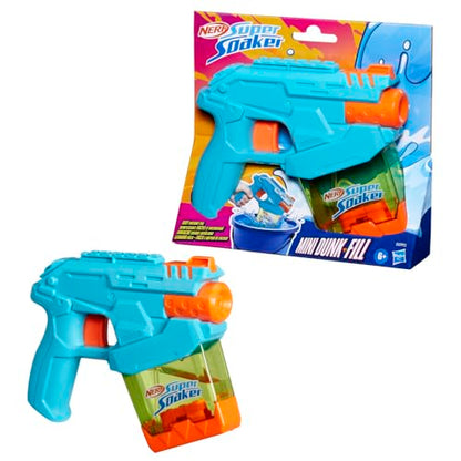 Nerf Super Soaker Mini Dunk-Fill water blaster for kids ages 6+, shown in bright colors ready for outdoor water fun.