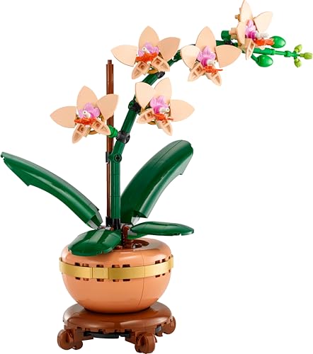 LEGO Botanicals Mini Orchid set in terracotta pot, showcasing vibrant artificial flowers for indoor decor.