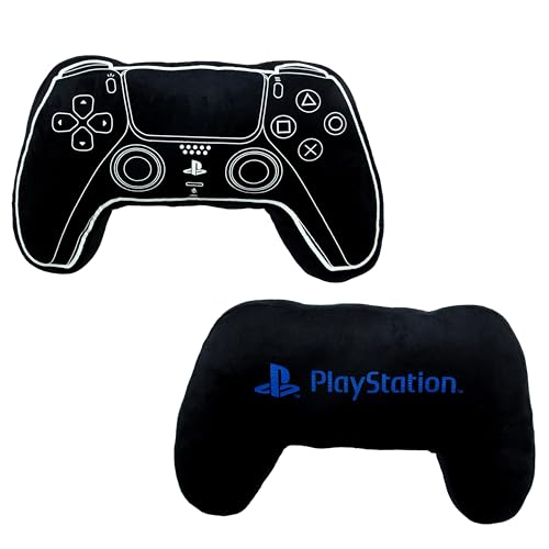 Black PlayStation official licensed controller-shaped plush pillow, glow-in-the-dark cushion for gaming or bedroom décor.