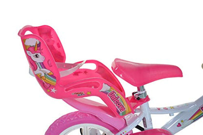 Dino Bikes 124RL-UN Unicorn 12-inch girls' bicycle in white and pink with training wheels and colorful unicorn design.