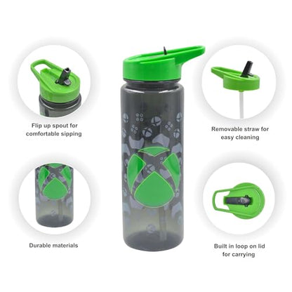 Green HOX Xbox 600ml leak-proof water bottle with straw, flip spout, carry loop, BPA-free, dishwasher safe, ideal for gamers and kids