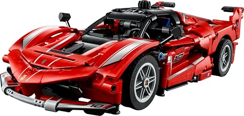 LEGO Technic Ferrari FXX K race car toy with detailed V12 engine, differential, and moving pistons, ideal for display.