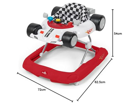 Babylo Racer Baby Walker in white and red with adjustable height, showing a sturdy frame and padded seat for toddler mobility.