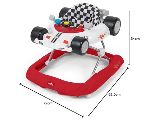 Babylo Racer Baby Walker in white and red with adjustable height, showing a sturdy frame and padded seat for toddler mobility.