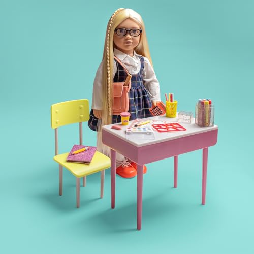 Our Generation Deluxe Stylish School Uniform Outfit for 18-inch dolls with classroom supplies and accessories.