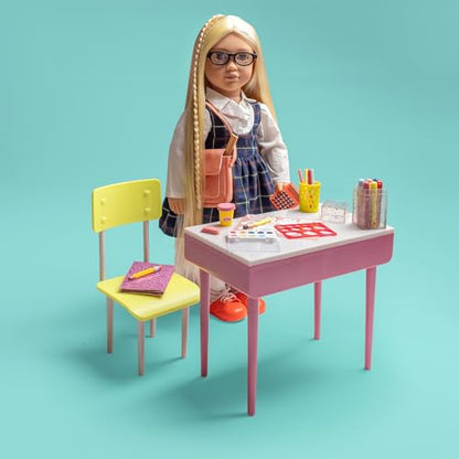 Our Generation Deluxe Stylish School Uniform Outfit for 18-inch dolls with classroom supplies and accessories.