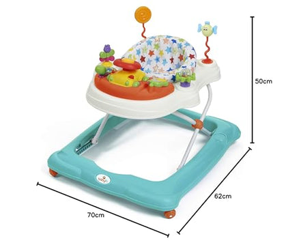 Babylo Twist About baby walker with activity toys, electronic games, height adjustment, and padded 120-degree swivel seat.