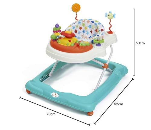 Babylo Twist About baby walker with activity toys, electronic games, height adjustment, and padded 120-degree swivel seat.